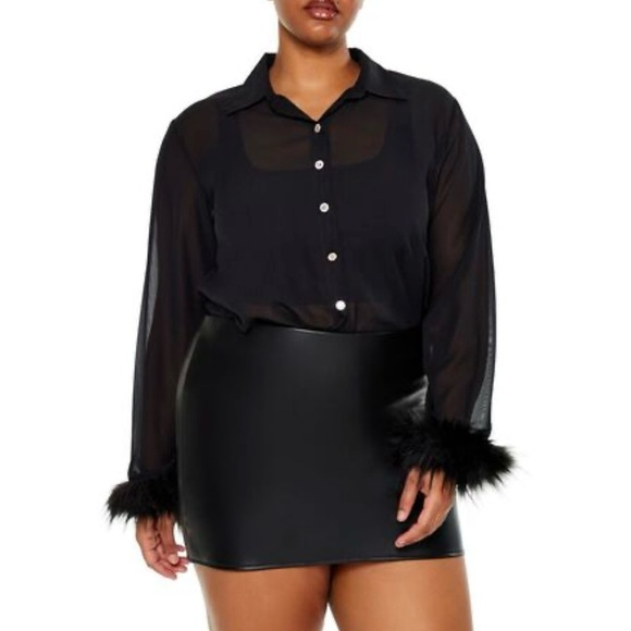 love to be loved Tops - Black Sheer Blouse with Faux Fur Cuffs